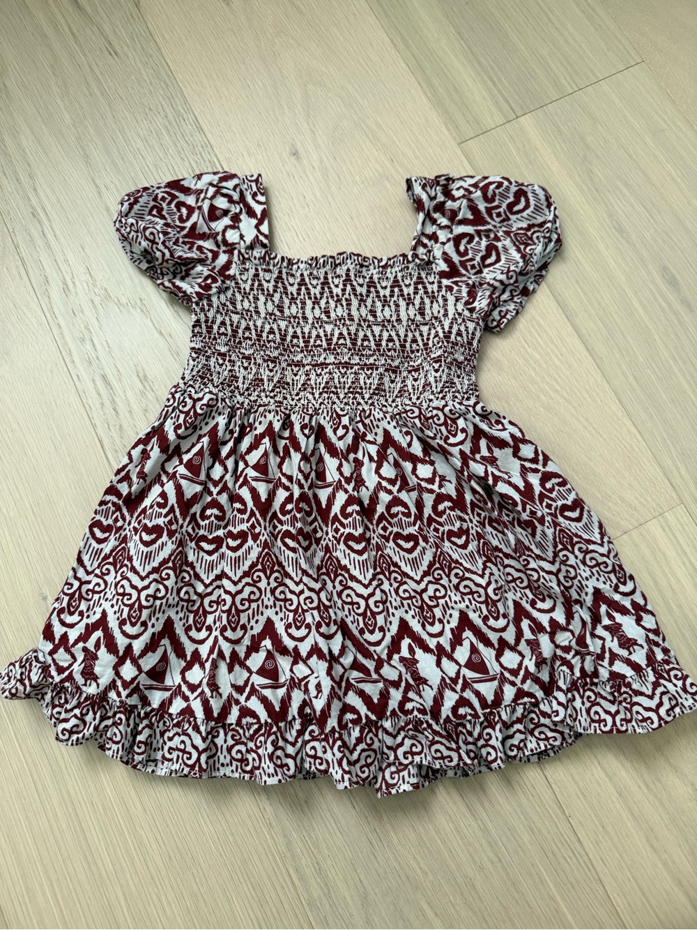 Janie and Jack + Disney Moana Brown and White ikat Smocked Puff-Sleeve Dress 2T